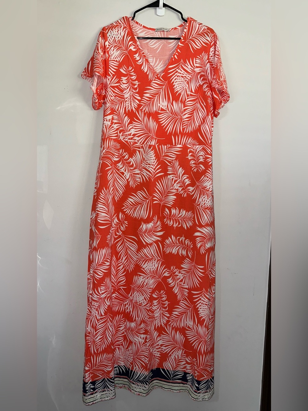 Women's Orange & White Tropical Leaf Print V-Neck Maxi Dress, L